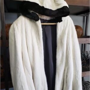 Elegant White Fur Coat with Black Trim